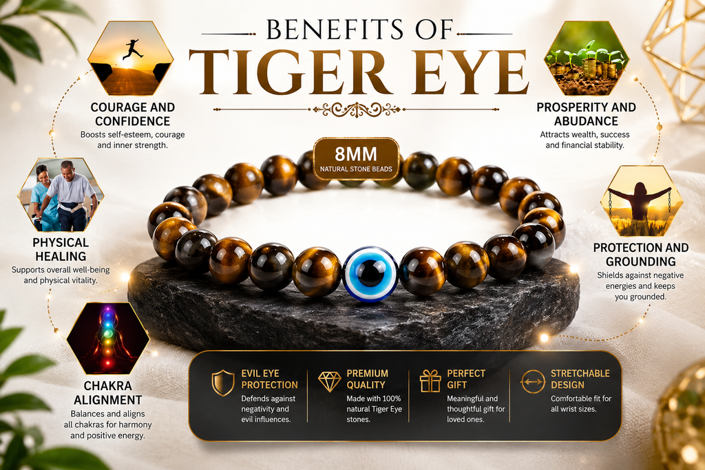 Tiger Eye Evil Eye Bracelet | 8mm Natural Stone Protection Bracelet