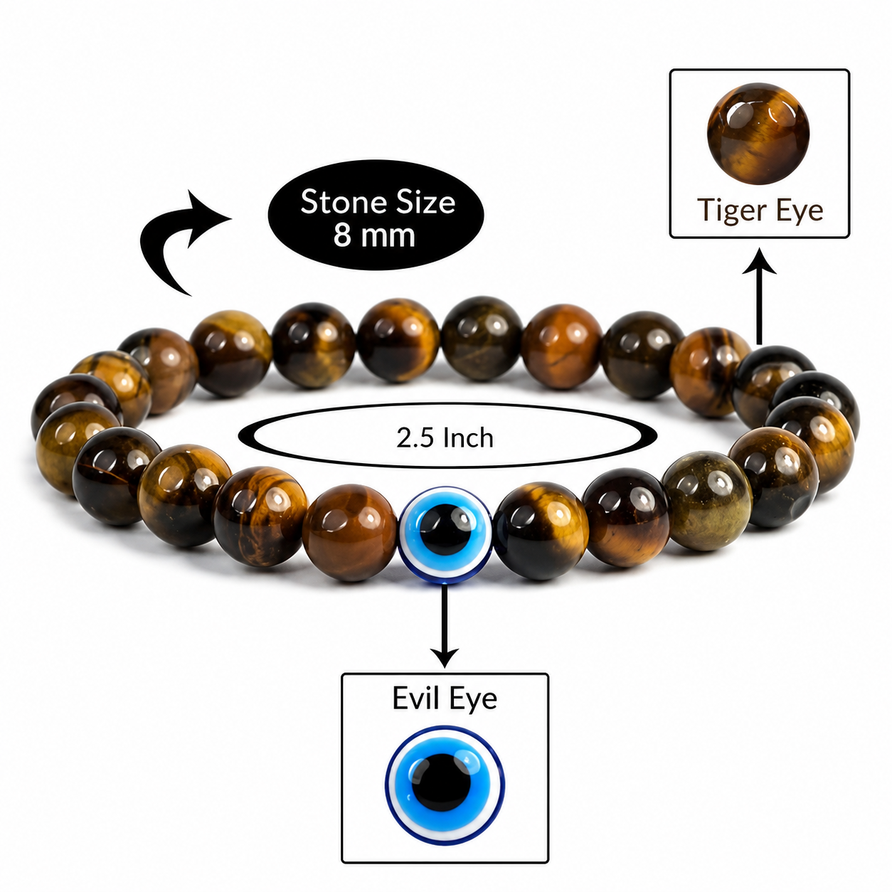 Tiger Eye Evil Eye Bracelet | 8mm Natural Stone Protection Bracelet