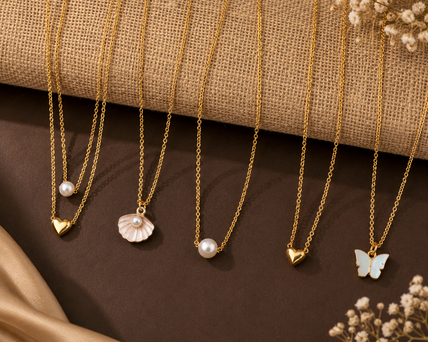 Minimal Pendant Necklace Set for Women – Heart, Pearl, Butterfly & Shell Design (5 Styles)