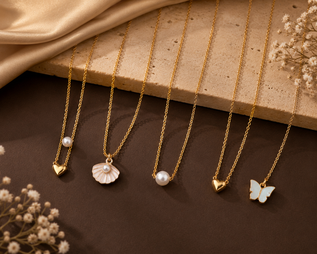 Minimal Pendant Necklace Set for Women – Heart, Pearl, Butterfly & Shell Design (5 Styles)