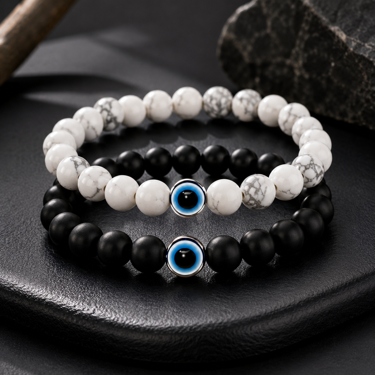 Evil Eye Couple Bracelet Set – Black & White Natural Stone Matching Bracelets