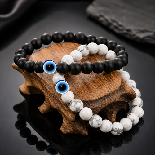 Evil Eye Couple Bracelet Set – Black & White Natural Stone Matching Bracelets