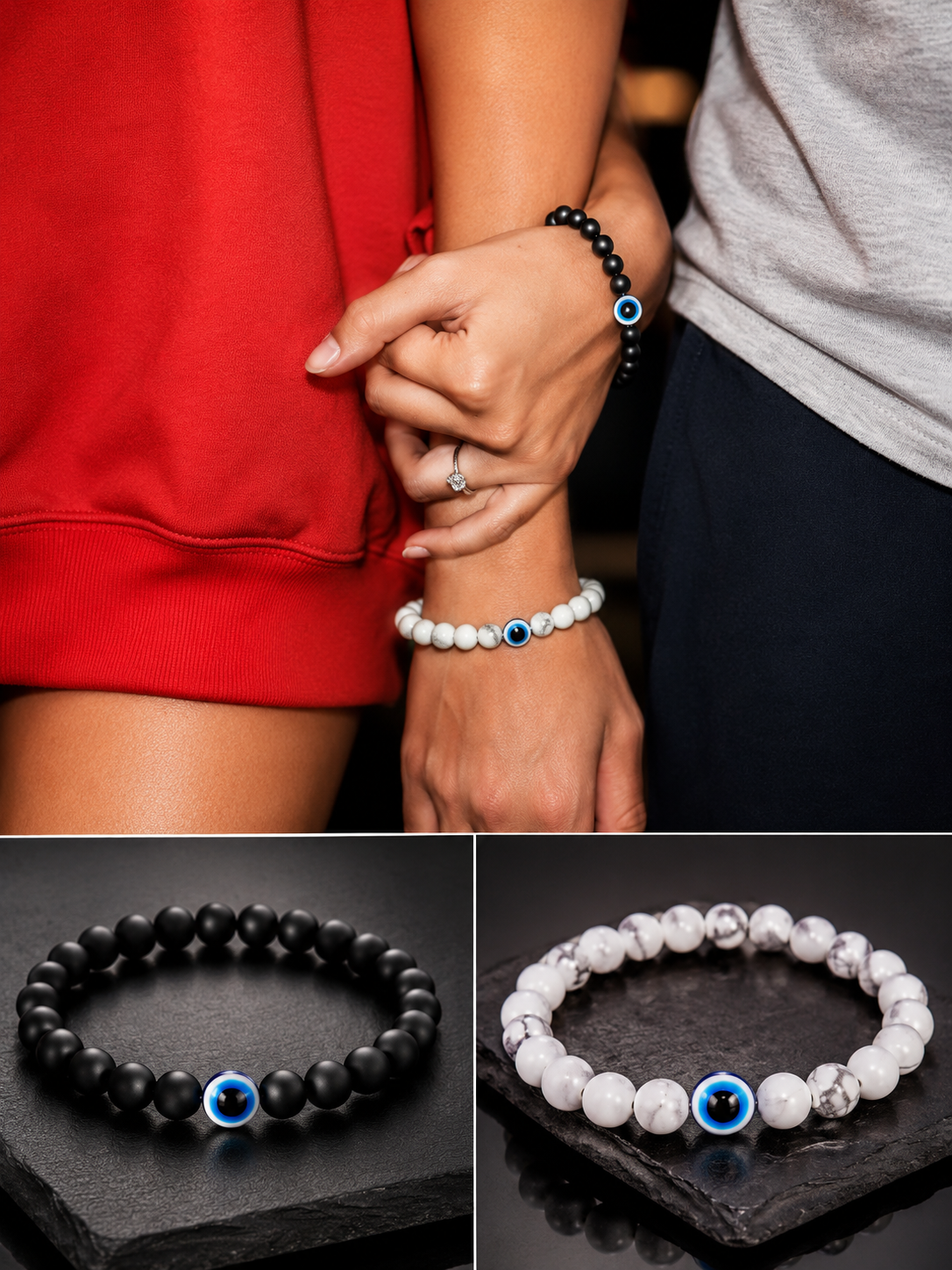 Evil Eye Couple Bracelet Set – Black & White Natural Stone Matching Bracelets