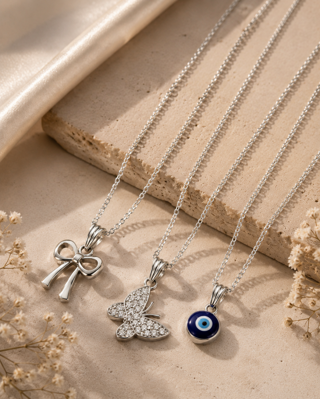 3-Piece Pendant Necklace Set – Evil Eye, Butterfly & Bow Charm Necklaces