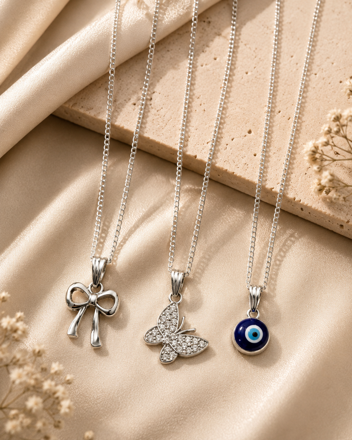 3-Piece Pendant Necklace Set – Evil Eye, Butterfly & Bow Charm Necklaces