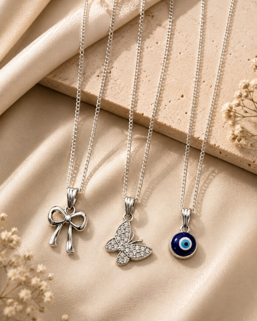 3-Piece Pendant Necklace Set – Evil Eye, Butterfly & Bow Charm Necklaces