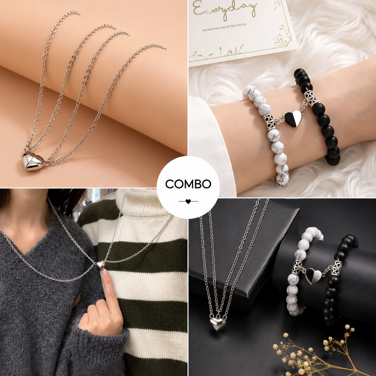 Heart Necklace & Couple Bracelet Combo Set | Matching Jewelry Gift for Couples