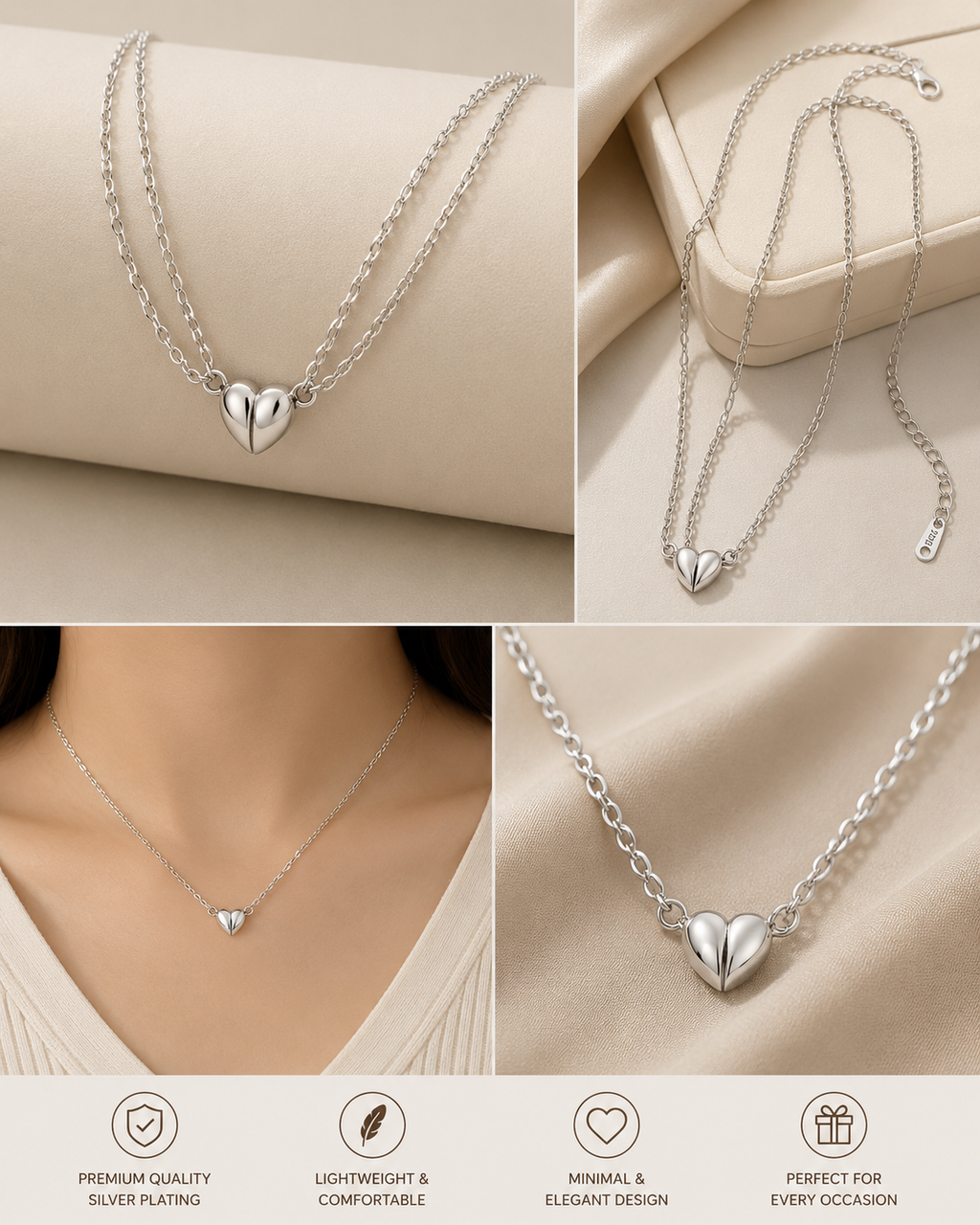 Heart Necklace & Couple Bracelet Combo Set | Matching Jewelry Gift for Couples
