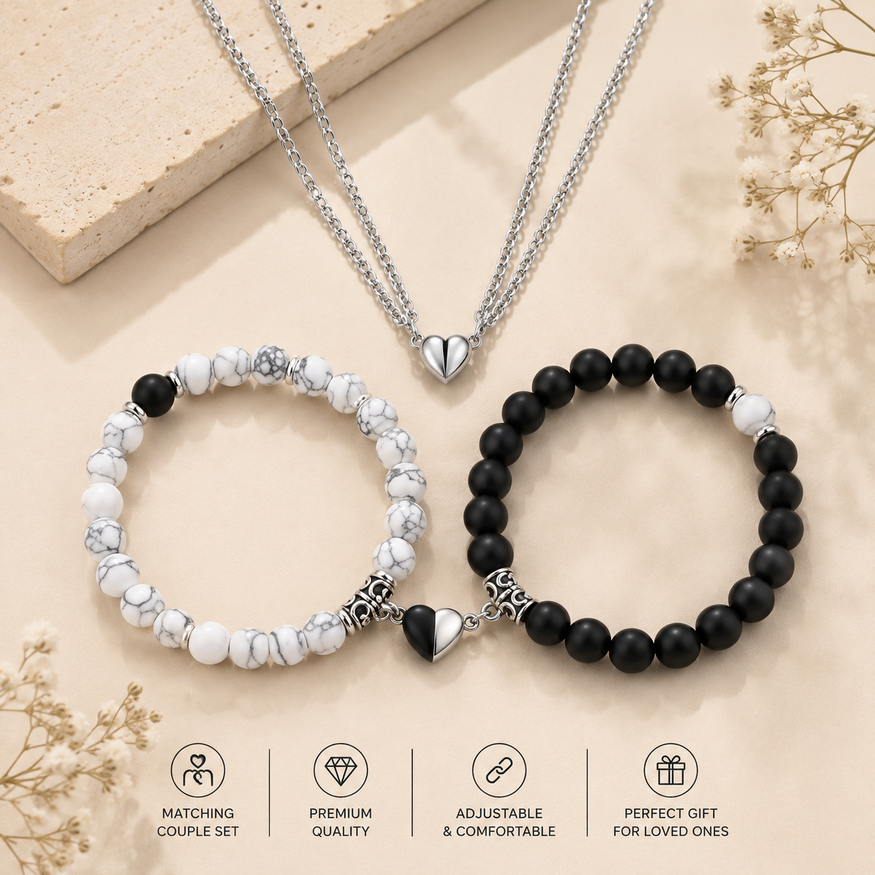 Heart Necklace & Couple Bracelet Combo Set | Matching Jewelry Gift for Couples